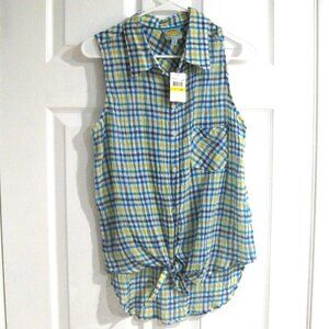C&C California Mirage Waist-Tie Sleeveless Crinkle Shirt Top Size M Hi-Low Hem